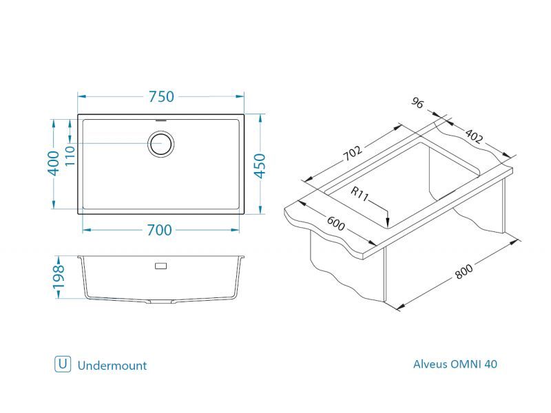 ALVEUS мойка OMNI 40 GRANITAL подстольная схема