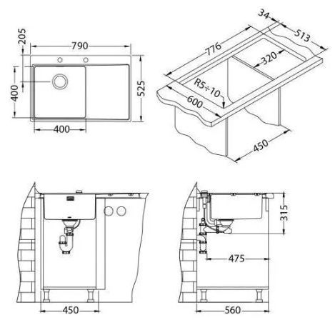 ALVEUS мойка PURE 40L new KMB-90 790X525 левая в компл. с сифоном 1148858 sh