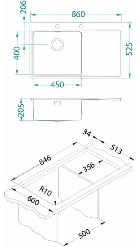 ALVEUS мойка PURE 50R new KMB-90 860X525 правая в компл. с сифоном 1148858 sh