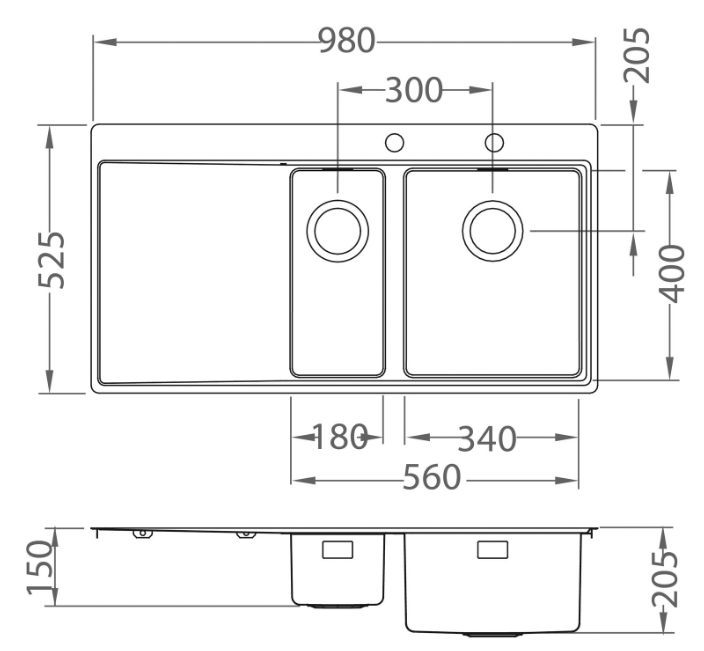 ALVEUS мойка PURE 60R new KMB-90 980X525 правая в комплекте с сифоном 1148993 shema 1
