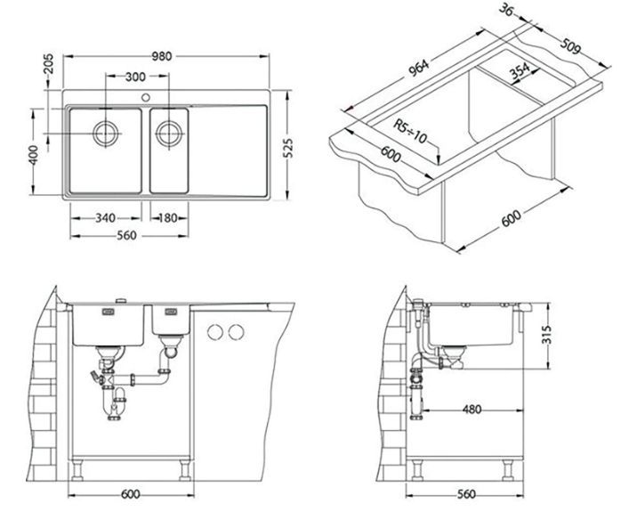 ALVEUS мойка PURE 60R new KMB-90 980X525 правая в комплекте с сифоном 1148993 shema 2