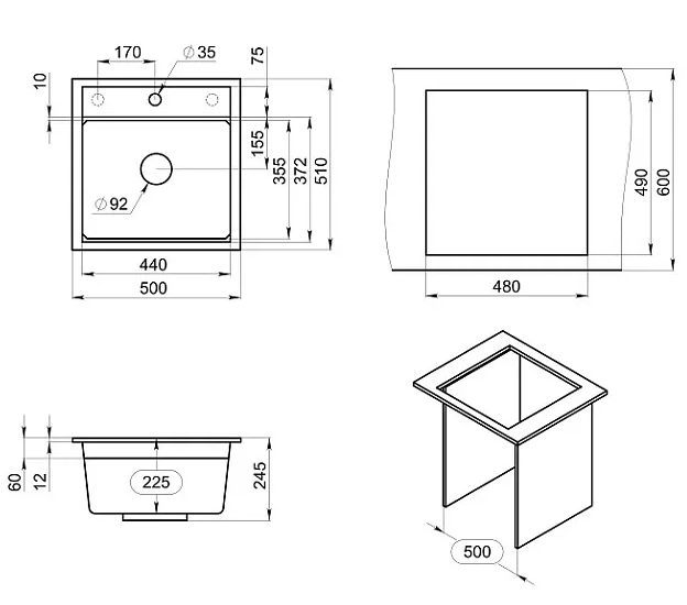 GRANULA кухонная мойка, кварц KITCHEN SPACE, 5002, схема