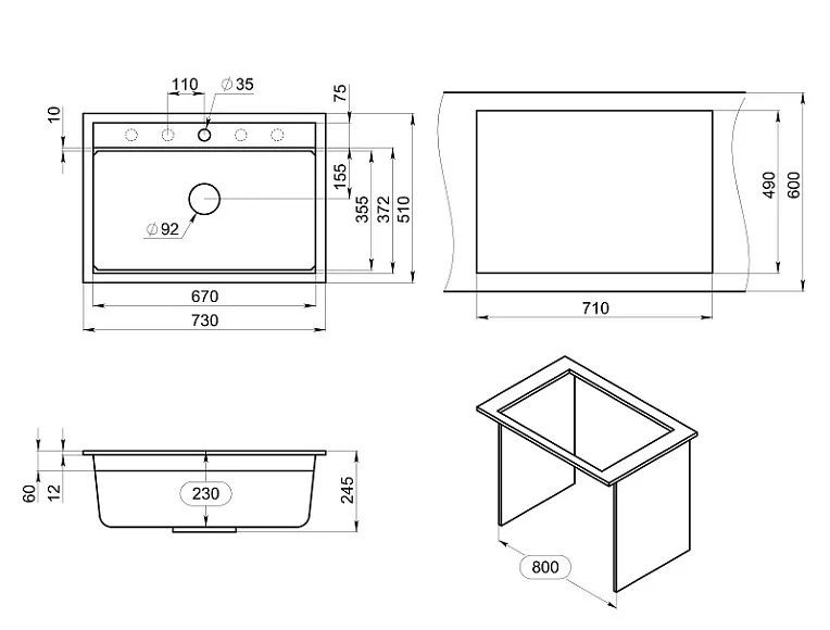 GRANULA кухонная мойка, кварц KITCHEN SPACE, 7301, shema