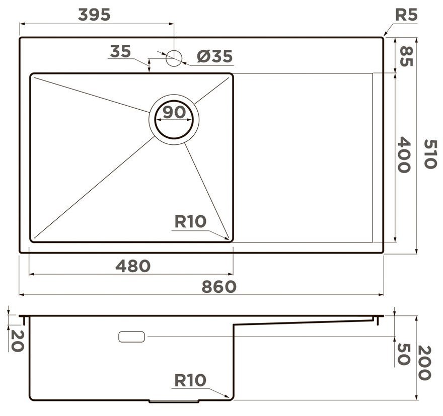 OMOIKIRI мойка Akisame 86 L Side shema