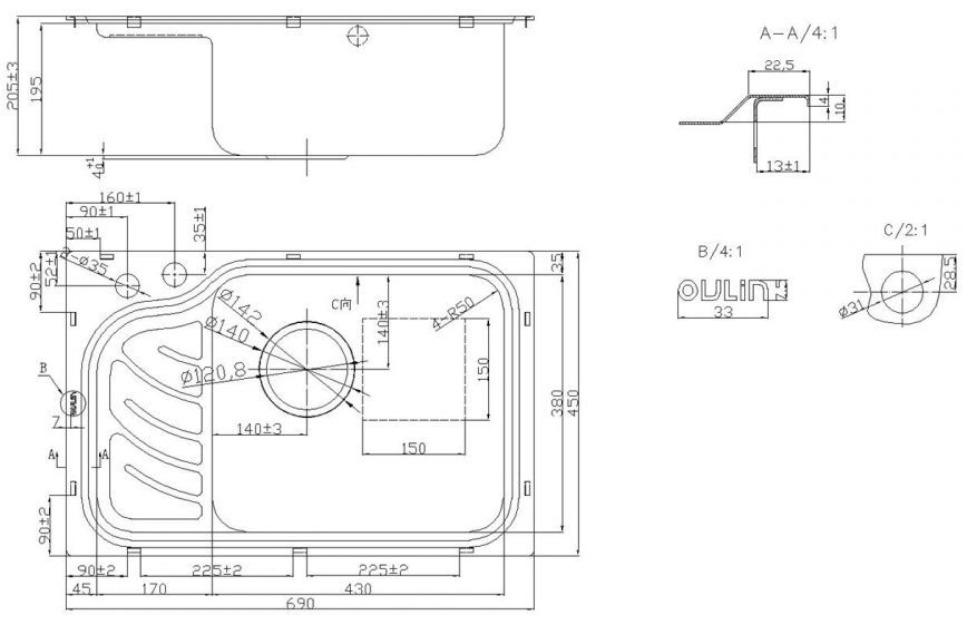 OULIN мойка врезного монтажа OL-327R sh