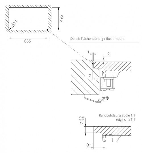 SCHOCK мойка Waterfall 45D Cristadur (монтаж в один уровень со столешницей) shema 2